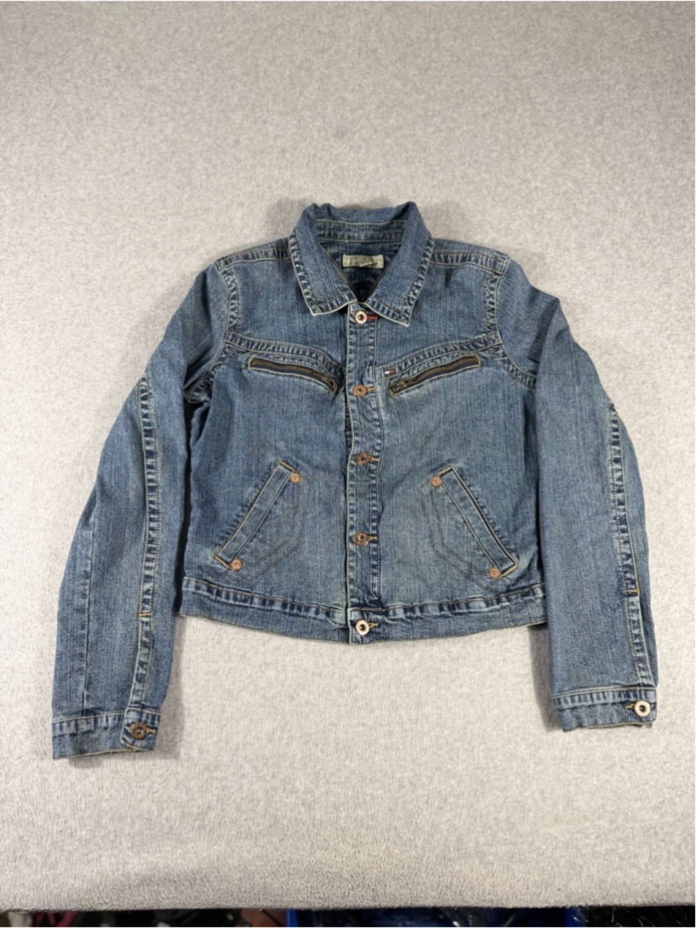 VINTAGE Tommy Hilfiger Jacket Large Adult Blue Denim Full Zip Pockets Crop Women